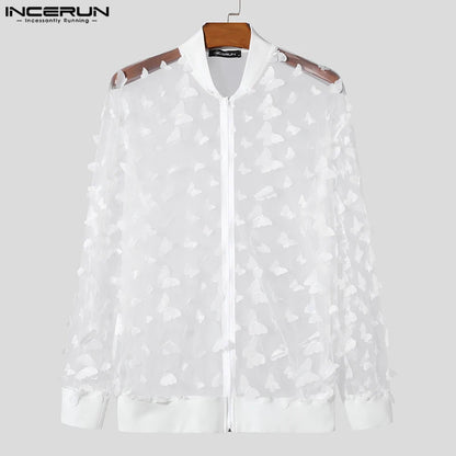 INCERUN Tops 2024 Amerikanischen Stil Mode Neue Männer Persönlichkeit Muster Mesh Shirts Casual Heißer Verkauf Langarm Bluse S-5XL