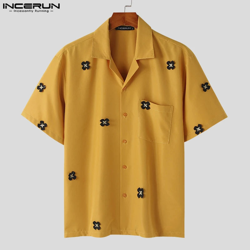 INCERUN Tops 2024 Style coréen Mode Hommes Fleur Patchwork Chemises Décontracté Personnalisé Drôle Revers Manches Courtes Chemisier S-5XL