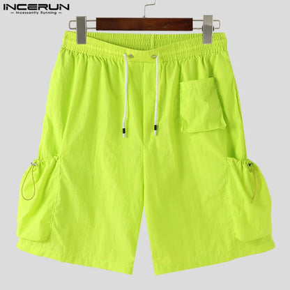 INCERUN 2024 Korean Style Shorts New Men Cargo Pockets Elastic Waist Drawstring Shorts Summer Stylish Solid Cropped Shorts S-5XL