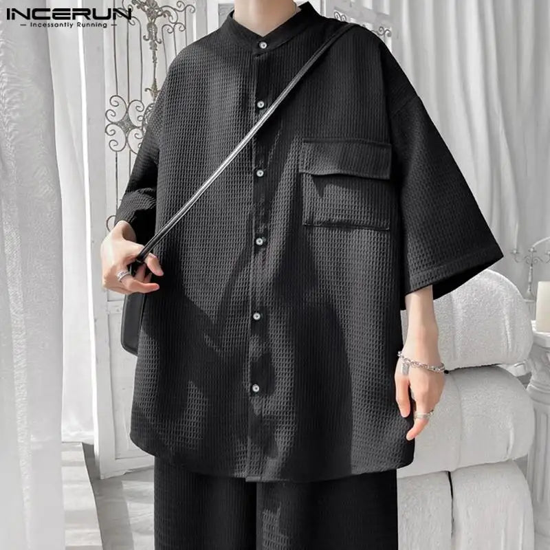 INCERUN 2024 Korean Style Stylish Sets New Men Stand Neck Half Sleeve Loose Shirts Shorts Leisure Streetwear Suit 2 Pieces S-5XL