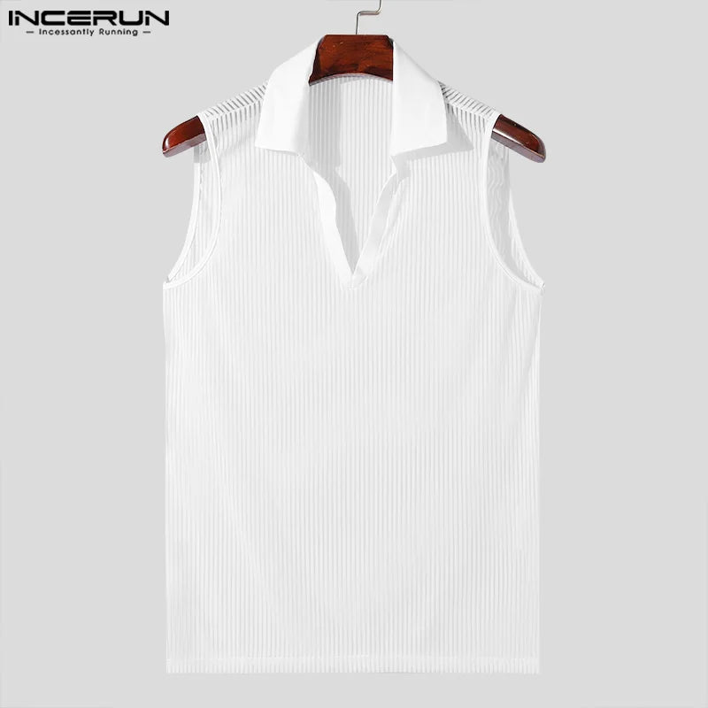 Männer Tank Tops Revers Ärmelloses Gestreiftes Mesh Transparent 2024 Männliche Westen Streetwear Sommer Mode Casual Männer Kleidung INCERUN