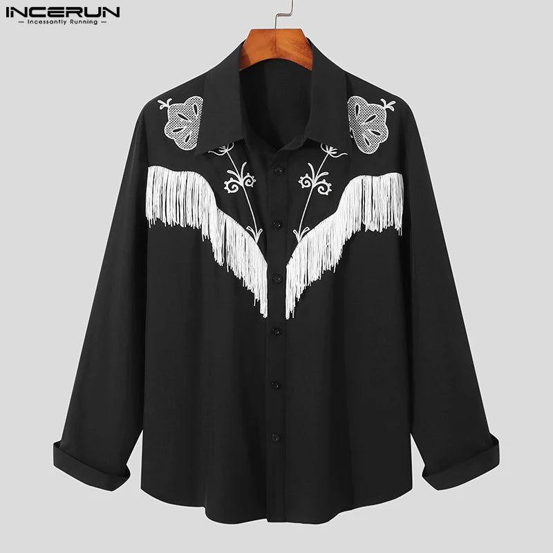 INCERUN 2023 Männer Hemd Bestickt Quaste Patchwork Revers Langarm Mode Camisa Streetwear Taste Casual Männer Kleidung S-5XL