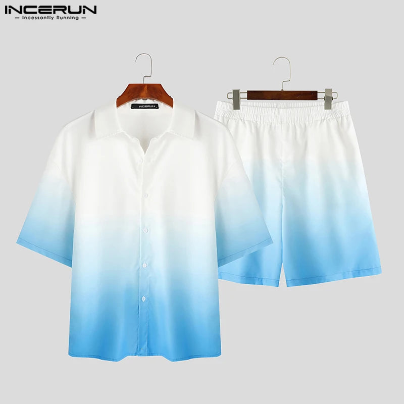 Fashion Casual Sets INCERUN New Men Short Sleeved Shirts Shorts Male Streetwear Loose Gradient Tie Dye Two-piece Sets S-5XL 2024