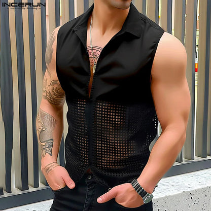 Sexy Stylish Style INCERUN Men's Slightly Perspective Mesh Splicing Shirts Summer Casual Streetwear Male Sleeveless Blouse S-5XL