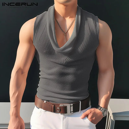 INCERUN Tops 2024 Fashionable Men's Pile Up Collar Knitted Solid Color Vests Leisure Streetwear Thin Sleeveless Tank Tops S-5XL