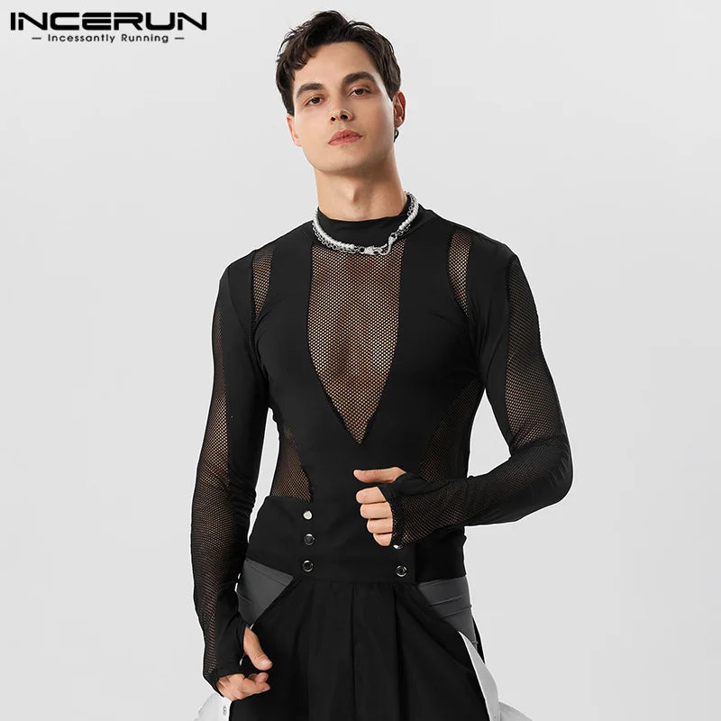 INCERUN Sexy Homewear Herren Durchsichtiger Mesh-Splice-Bodysuit mit Hohlsaum Lässig Enge, Elastische Ärmel Finger-Dreieck-Overalls S-5XL