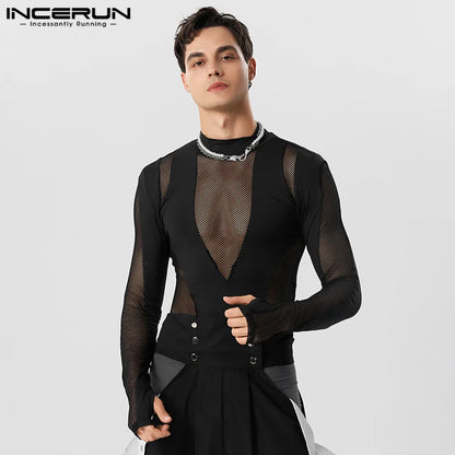 INCERUN Sexy Homewear Mens Hollow See-through Mesh Splice Bodysuits Casual Tight Elastic Sleeve Finger Triangle Jumpsuits S-5XL