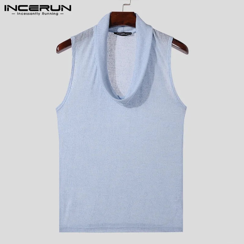 INCERUN Tops 2024 Modische Herren Pile Up Kragen Gestrickte Einfarbige Westen Freizeit Streetwear Dünne Ärmellose Tank Tops S-5XL