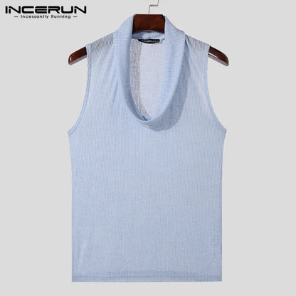 INCERUN Tops 2024 Fashionable Men's Pile Up Collar Knitted Solid Color Vests Leisure Streetwear Thin Sleeveless Tank Tops S-5XL