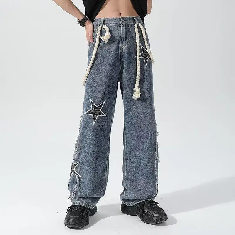 HOUZHOU Y2K Jeans Men Embroidery Denim Pants Star Print Wide Leg Trousers Male American Streetwear Hip Hop Casual Patchwear