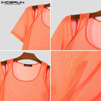 INCERUN Tops 2024 Korean Style Fashion Men's Sexy U-shaped Neck T-shirt Casual Male Shoulder Hollow Short Sleeved Camiseta S-5XL