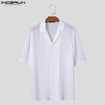 INCERUN Tops 2024 American Style New Men Chiffon Perspective Thin Shirts Casual Streetwear Male Short Sleeved Lapel Blouse S-5XL