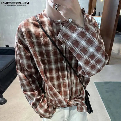 Fashion Casual Style Tops INCERUN Thin Breathable Grid Design Shirt Autumn Male Hot Selling Street Long Sleeved Blouse S-5XL 202