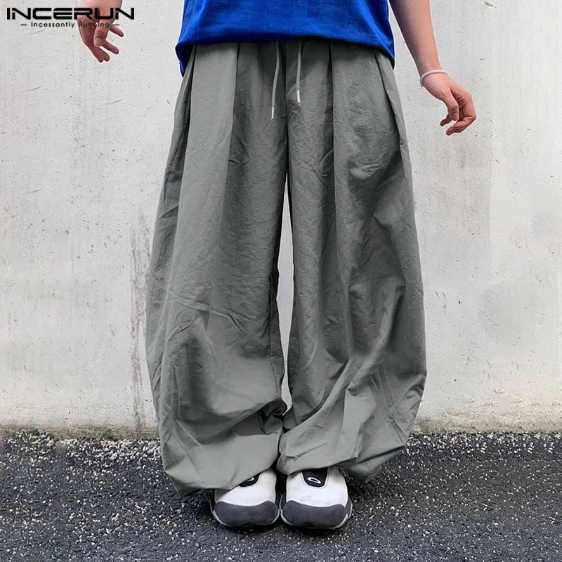 INCERUN 2024 Korean Style Trousers Men's Pleated Splicing Wide Leg Pantalons Casual Simple Male Solid Drawstring Long Pant S-5XL