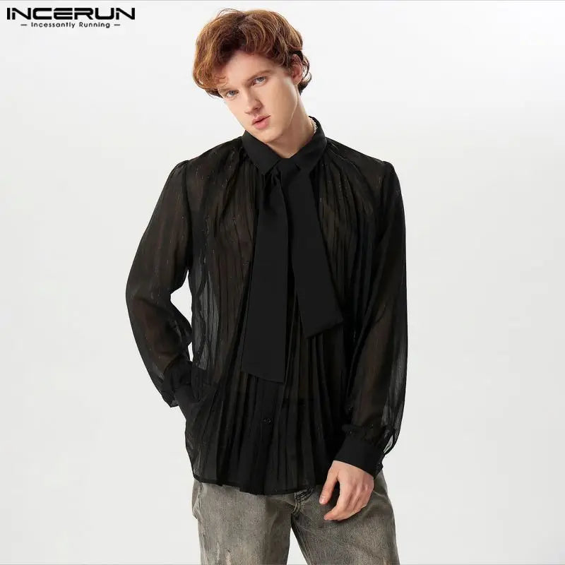 INCERUN 2024 Men Sexy Shirt Mesh See Through Lapel Long Sleeve Camisas Tie Pleated Solid Party Men Clothing Tops Streetwear