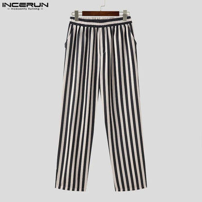 INCERUN 2024 Korean Style Trousers Men's Fashion Casual Striped Long Pants Summer Male Streetwear Hot Sale Loose Pantalons S-5XL