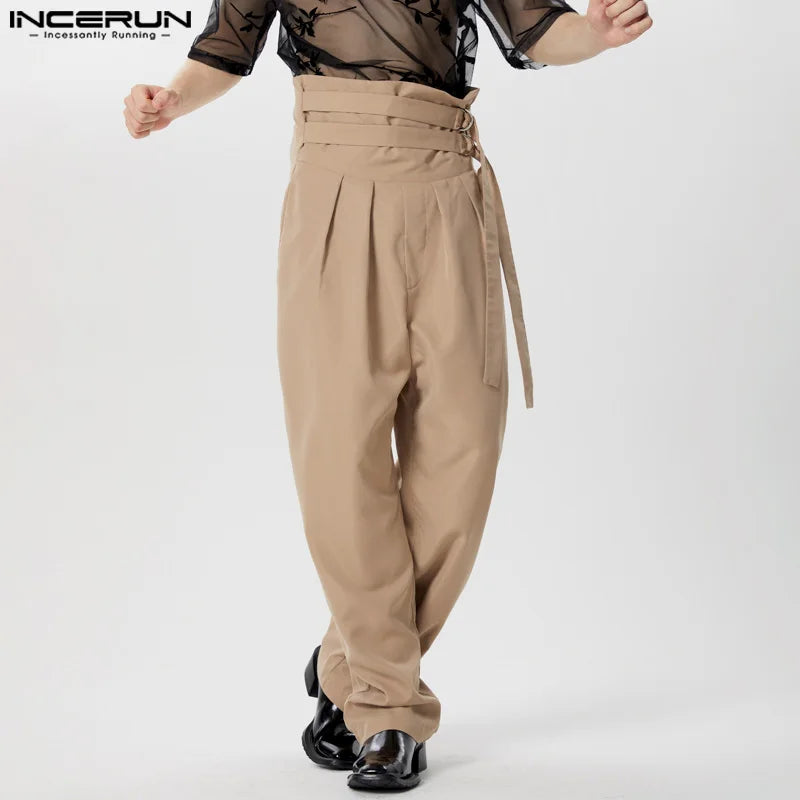 INCERUN 2024 American Style Pantalons Stylish Men High Waisted Lace Up Design Trousers Male City Walk Solid Wide Leg Pants S-5XL