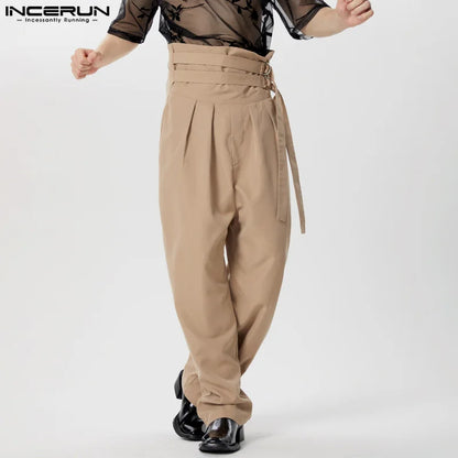 INCERUN 2024 Pantalons im amerikanischen Stil, stilvolle Herrenhose mit hoher Taille und Schnürung, einfarbige Hose mit weitem Bein, S-5XL