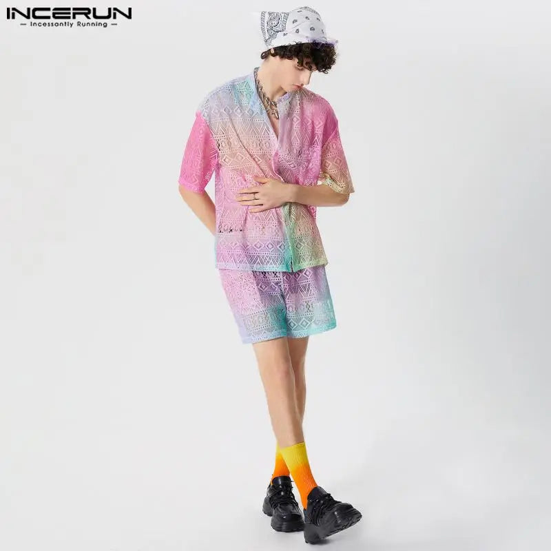 INCERUN 2024 American Style Fashion Sets Mens Long Sleeved Shirts Shorts Summer Male Lace Gradient Printing Two-piece Sets S-5XL