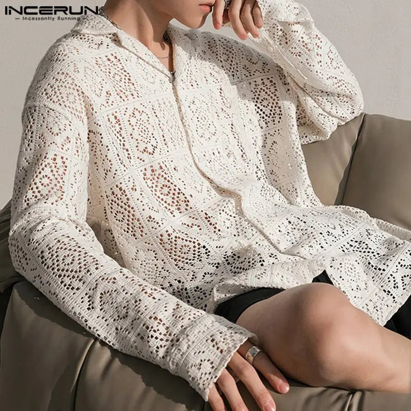 INCERUN 2024 Men Shirt Lace Transparent Loose Lapel Long Sleeve Men Clothing Streetwear Sexy Hollow Out Fashion Casual Shirts