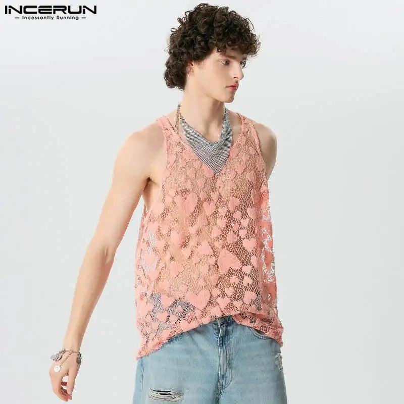 INCERUN Tops 2024 American Style Fashion Men O-neck Hollow Heart Design Vests Summer Sexy Casual Thin Sleeveless Tank Tops S-5XL