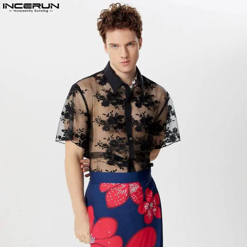 Sexy Fashion Style Tops INCERUN Men's Lace Floral See-through Shirts Casual Streetwear Male Thin Short Sleeved Blouse S-5XL 2024