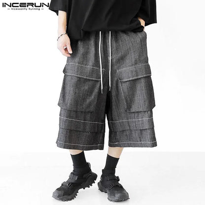 INCERUN 2024 Korean Style Trousers Stylish Men Cargo Patchwork Pockets Wide Leg Pants Leisure Male Solid Cropped Pantalons S-5XL