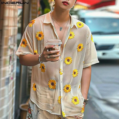 Casual Stylish Style Tops INCERUN Men's Dense Mesh Perspective Sunflower Printed Shirts Summer Street Short Sleeved Blouse S-5XL