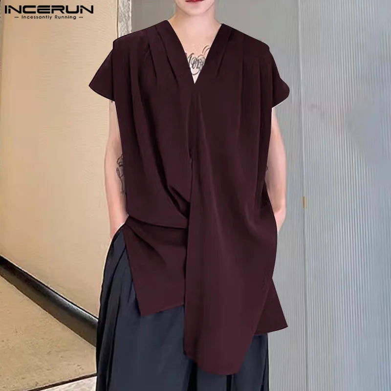 Handsome Well Fitting Tops INCERUN Men Draping Solid V-neck Shirts Fashion Male Shoulder Pleated Short Sleeved Blouse S-5XL 2024