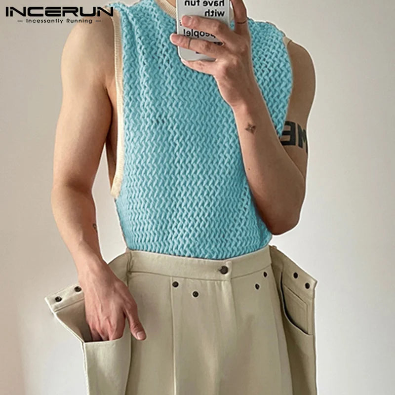 2023 Men Tank Tops Patchwork Mesh Transparent Lace Streetwear O-neck Sleeveless Vests Sexy Fashion Men Clothing S-5XL INCERUN 7