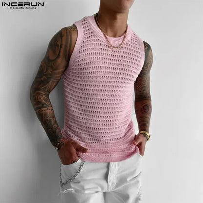 INCERUN Tops 2023 American Style Men Casual O-neck Breathable Mesh Tank Tops Stylish Male Solid All-match Sleeveless Vests S-5XL