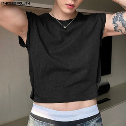 INCERUN Tops 2024 Korean Style New Mens Solid Casual Cropped Design Vests Adjustable Buckle Two Piece Sleeveless Tank Tops S-5XL