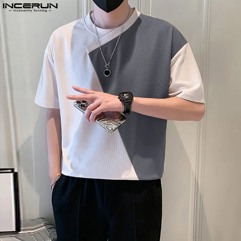 INCERUN Tops 2024 Koreanischen Stil Hübsche Männer Oansatz Unregelmäßigen Patchwork T-shirts Casual Streetwear Kurzarm Camiseta S-5XL