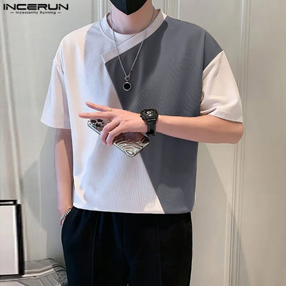 INCERUN Tops 2024 Koreanischen Stil Hübsche Männer Oansatz Unregelmäßigen Patchwork T-shirts Casual Streetwear Kurzarm Camiseta S-5XL