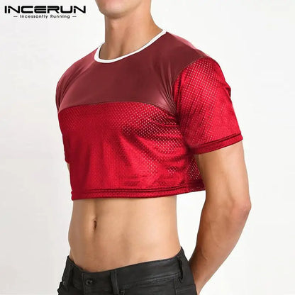 INCERUN Fashionable Casual Style New Men's Breathable Mesh Camiseta Short Sleeve Crop Tops 2023 Patchwork Cropped T-Shirts S-5XL