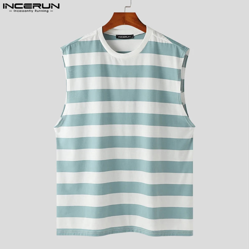 Hübsche Herrenoberteile INCERUN Casual Streetwear Westen Stilvolle männliche Sommer Patchwork gestreifte kontrastierende ärmellose Tanktops S-5XL