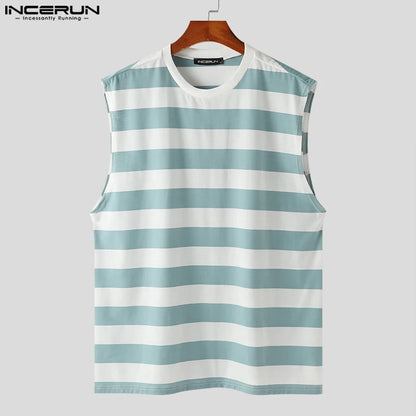 Handsome Men's Tops INCERUN Casual Streetwear Vests Stylish Male Summer Patchwork Striped Contrasting Sleeveless Tank Tops S-5XL