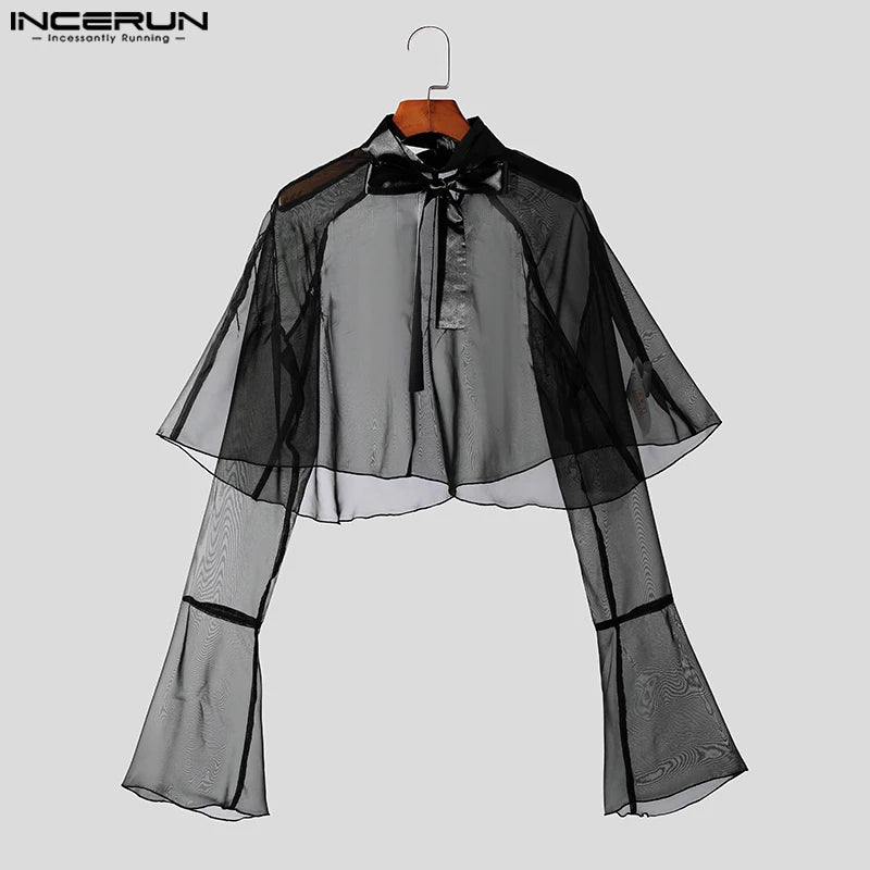 INCERUN Tops 2023 Style américain élégant hommes transparent ruban à volants chemisier loisirs fête spectacle mince chemises à manches longues S-5XL