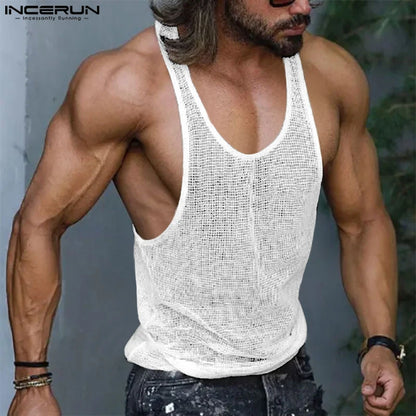 INCERUN Gilet en maille transparente pour homme, haut sexy et élégant, décontracté, sport, ajouré, sans manches, mince, S-5XL, 2023