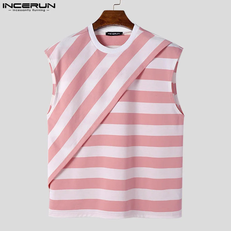 INCERUN Tops 2023 Korean Style Handsome Men's Hot Selling Striped Layered Design Vests Casual Street Male O-neck Tank Tops S-5XL