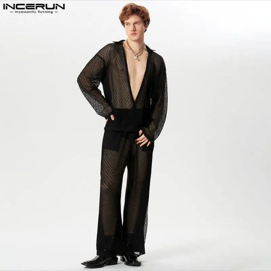 INCERUN 2024 American Style Sexy Men's Sets Lace Hollow Tops Long Pants Casual Party Shows Male Hot Selling Suit 2 Pieces S-5XL