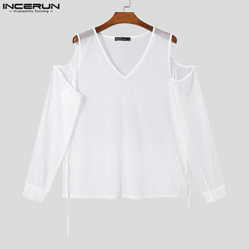 INCERUN Tops 2024 Korean Style New Men's Personality Hollow V-neck T-shirts Sexy Stylish Perspective Long Sleeved Camiseta S-5XL