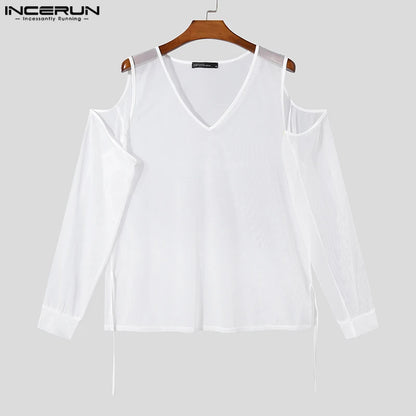 INCERUN Tops 2024 Korean Style New Men's Personality Hollow V-neck T-shirts Sexy Stylish Perspective Long Sleeved Camiseta S-5XL