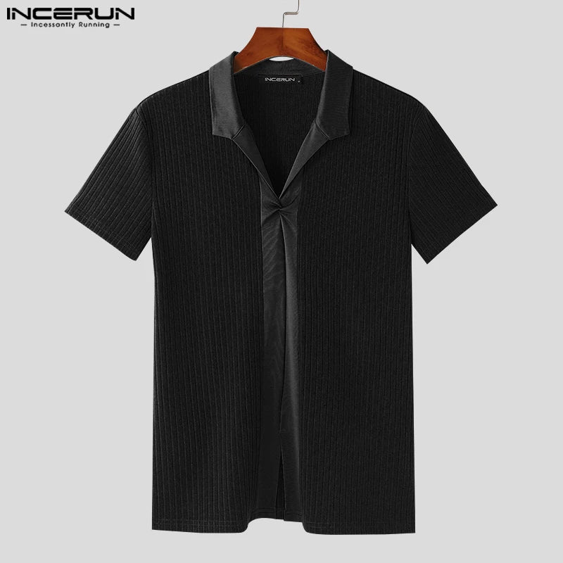 INCERUN Tops 2024 Stylish New Men's Center Hollowed Patchwork Striped T-shirts Leisure Solid V-neck Short Sleeved Camiseta S-2XL