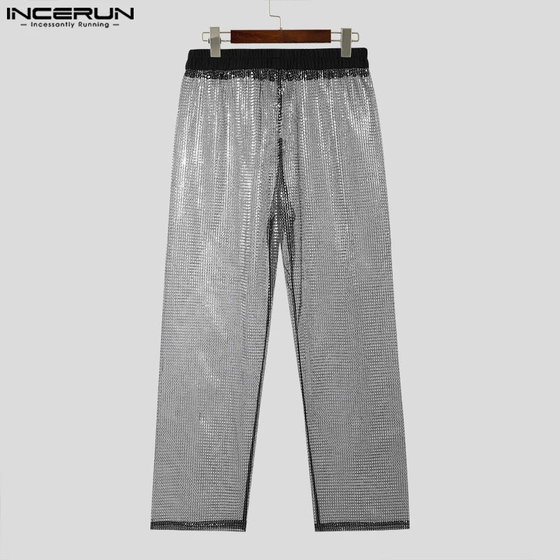 INCERUN 2024 Pantalons de style américain pour hommes Sexy Tissu à paillettes Perspective Pantalons longs Pantalons décontractés à la mode Pantalons respirants S-5XL