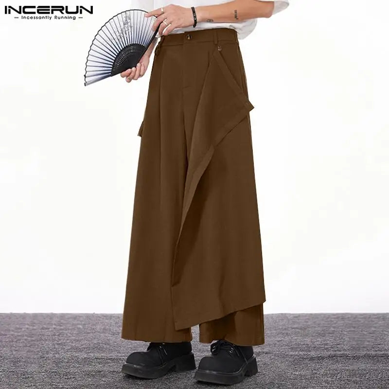 INCERUN 2024 Korean Style Trousers New Men's Solid Loose Wide Leg Long Pants Casual Simple Male patchwork Drape Pantalons S-5XL