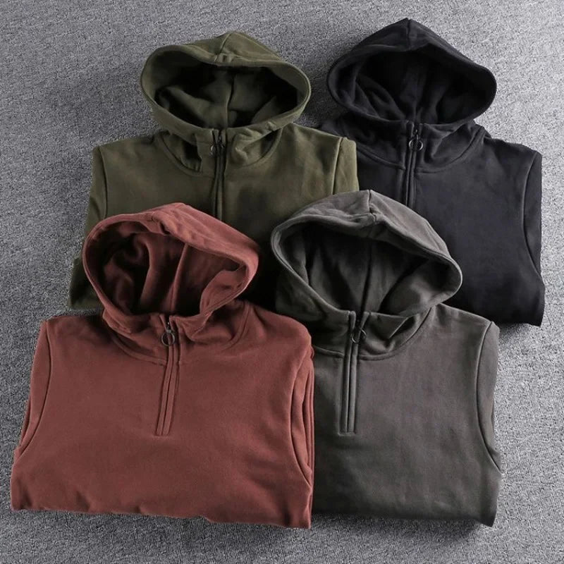 Men's Clothing Black Half Zip Sweatshirts for Man Warm Hoodies Solid Hooded Fleeced Y2k Vintage High Quality Korean Style Loose