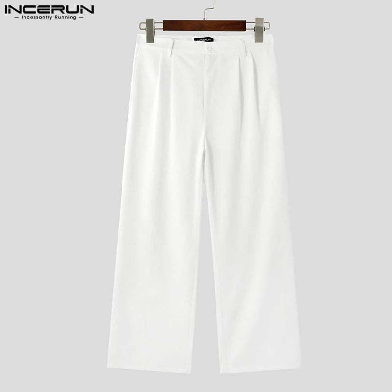 INCERUN 2024 Korean Style Pantalons Stylish Men's Texture Straight Leg Long Pants Casual Simple Male Solid Color Trousers S-5XL