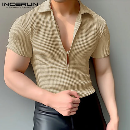 INCERUN Tops 2024 Style Coréen Mode Hommes Texture Profond V Conception T-shirts Décontracté Streetwear Manches Courtes Tricoté Camiseta S-5XL