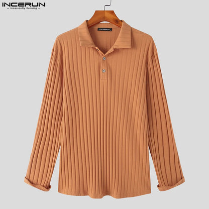 Stylish Well Fitting Tops INCERUN New Men's Knitting Solid All-match Blouse Casual Hot Sale Male Long Sleeve Lapel Shirts S-5XL